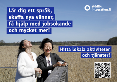 Kuvituskuva ja teksti: Lär dig ett språk, skaffa nya vänner, få hjälp med jobsökande och mycket mer! Hitta lokala aktiviteter och tjänster! Qr-koodi. Stödförintegration.fi. 