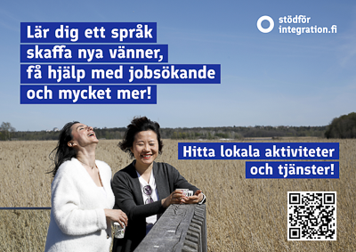 Illustration picture and the text: Lär dig ett språk, skaffa nya vänner, få hjälp med jobsökande och mycket mer! Hitta lokala aktiviteter och tjänster! Qr-koodi. Stödförintegration.fi. 